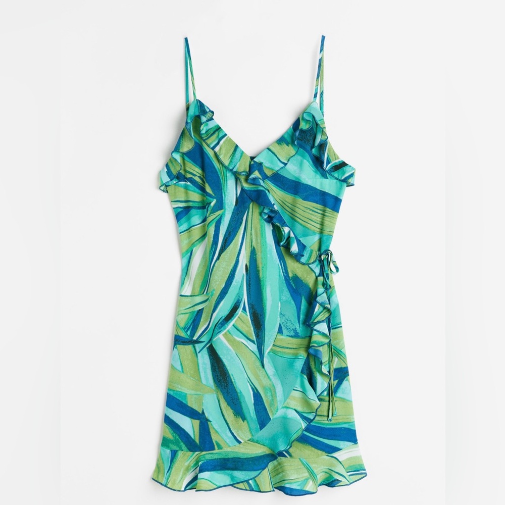 H&M Flounce-trimmed wrap dress- Turquoise/Patterned NEW size M